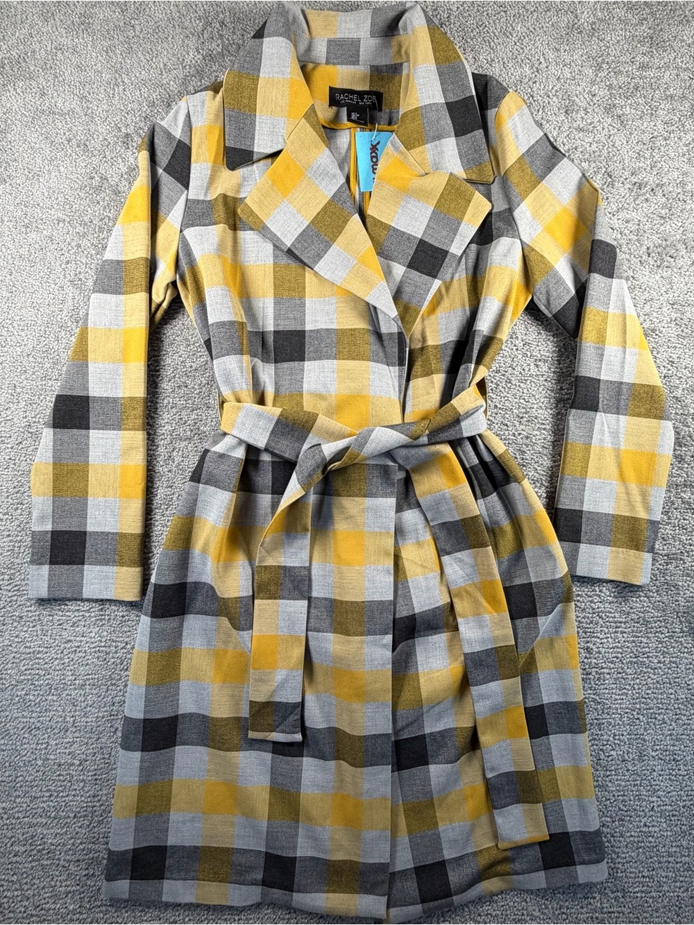 Rachel Zoe Trench Coat Belted Tartan Plaid Women’s S Lightweight Stretch Yellow